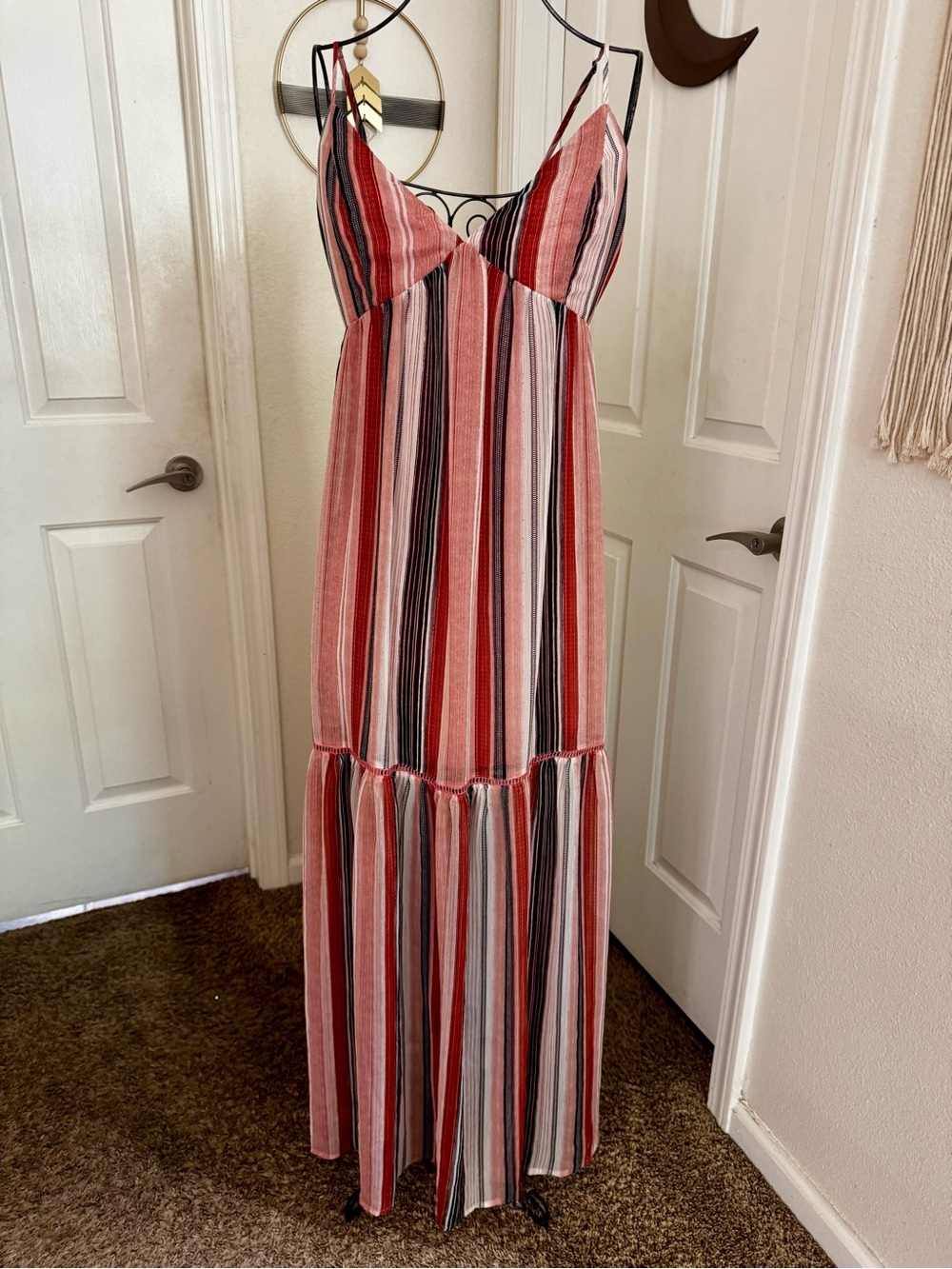 BB Dakota Striped Spaghetti‑Strap Maxi Dress in Coral, Black and Cream